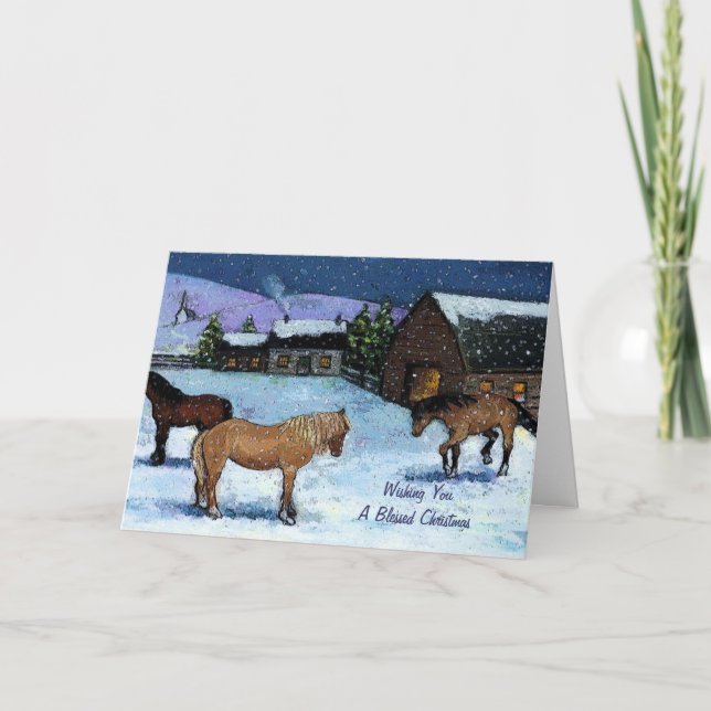 Christmas: Horses, Snow, Painting: Homestead, Farm Holiday Card (Front)
