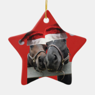 Christmas Horses wearing Santa Claus Hats Ceramic Tree Decoration