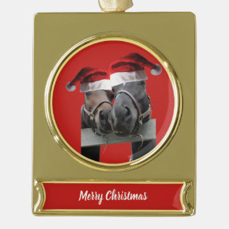 Christmas Horses Wearing Santa Claus Hats Gold Plated Banner Ornament