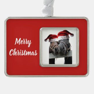Christmas Horses wearing Santa Claus Hats Silver Plated Framed Ornament