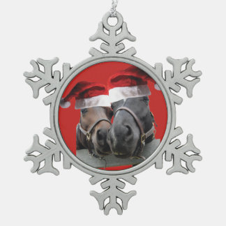 Christmas Horses wearing Santa Claus Hats Snowflake Pewter Christmas Ornament