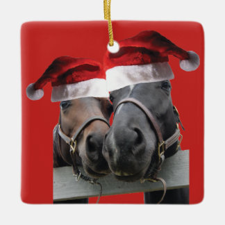 Christmas Horses Wearing Santa Hats Ceramic Ornament