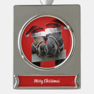 Christmas Horses wearing Santa Hats Silver Plated Banner Ornament