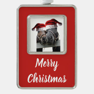 Christmas Horses wearing Santa Hats Silver Plated Framed Ornament