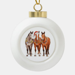 Christmas Horses Western Cowboy Santa Hat Farm Ceramic Ball Christmas Ornament