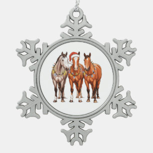 Christmas Horses Western Cowboy Santa Hat Farm Snowflake Pewter Christmas Ornament