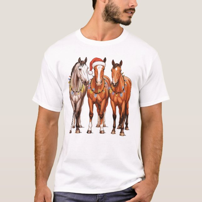 Christmas Horses Western Cowboy Santa Hat Farm T-Shirt (Front)