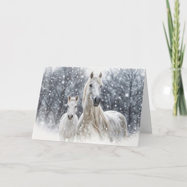 Christmas Horses White Mare and Foal in the Snow  Holiday Card (Front)