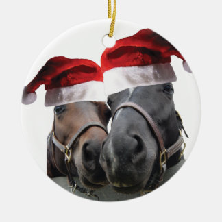 Christmas Horses with Santa Claus Hat Ceramic Tree Decoration