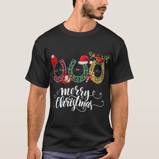 Christmas Horseshoe Horse Lover Leopard Plaid T-Shirt (Front)