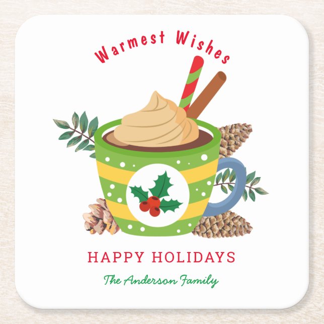 Christmas Hot Chocolate Cocoa Cup Green Xmas Square Paper Coaster (Front)
