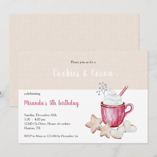 Christmas Hot Cocoa And Cookies Watercolor  Invitation (Front/Back)