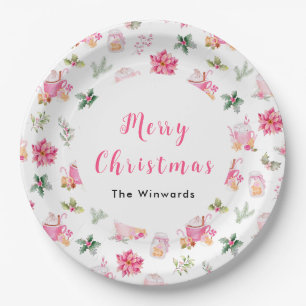 Christmas Hot Cocoa and Pink Poinsettias Paper Plate
