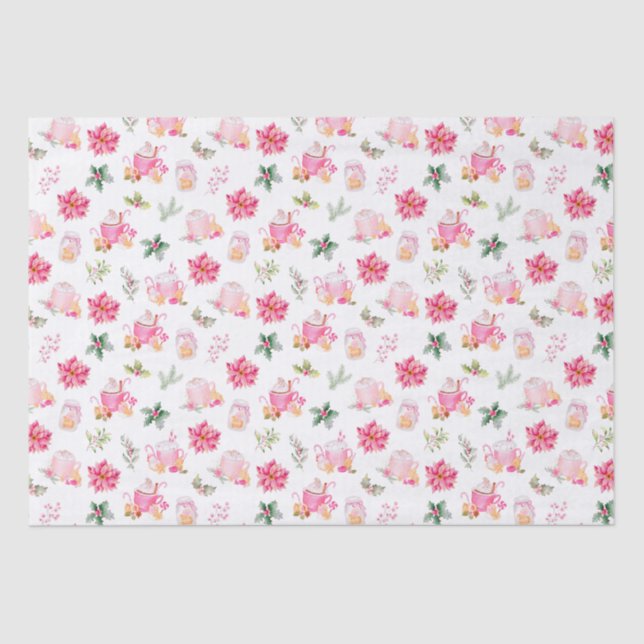 Christmas Hot Cocoa and Pink Poinsettias Tissue Paper (Front)