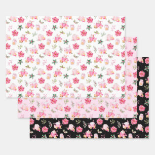 Christmas Hot Cocoa and Pink Poinsettias Wrapping Paper Sheet
