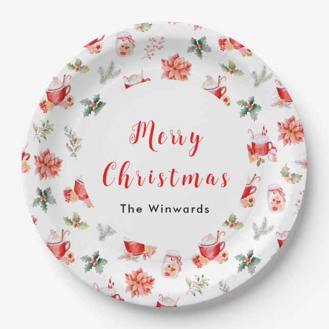 Christmas Hot Cocoa and Red Poinsettias Paper Plate (Front)