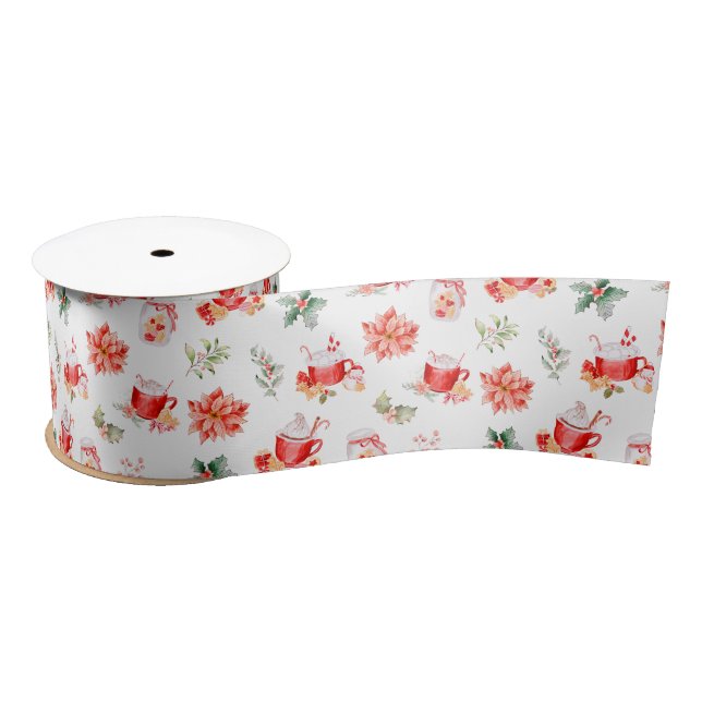Christmas Hot Cocoa and Red Poinsettias Satin Ribbon (Spool)