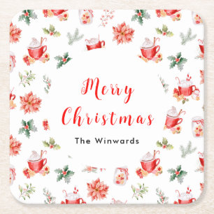 Christmas Hot Cocoa and Red Poinsettias Square Paper Coaster