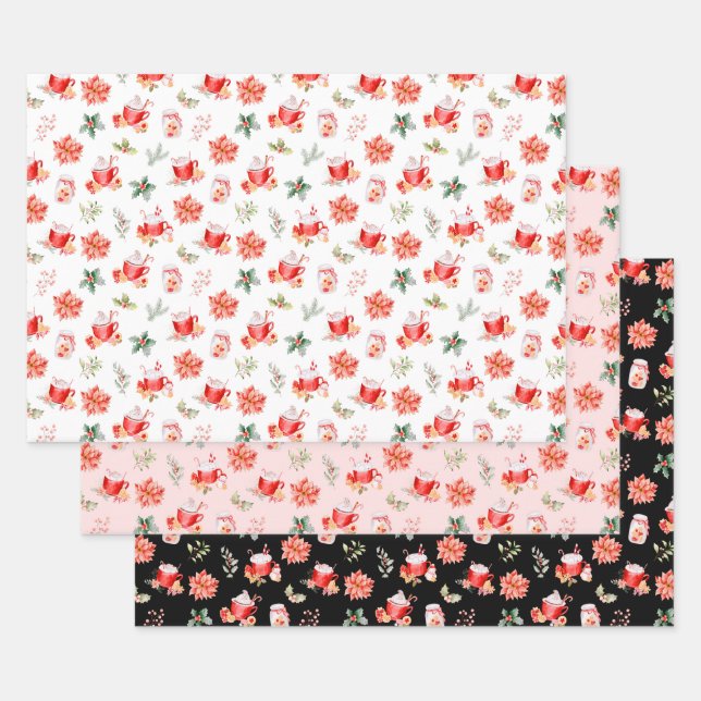 Christmas Hot Cocoa and Red Poinsettias Wrapping Paper Sheet (Set)