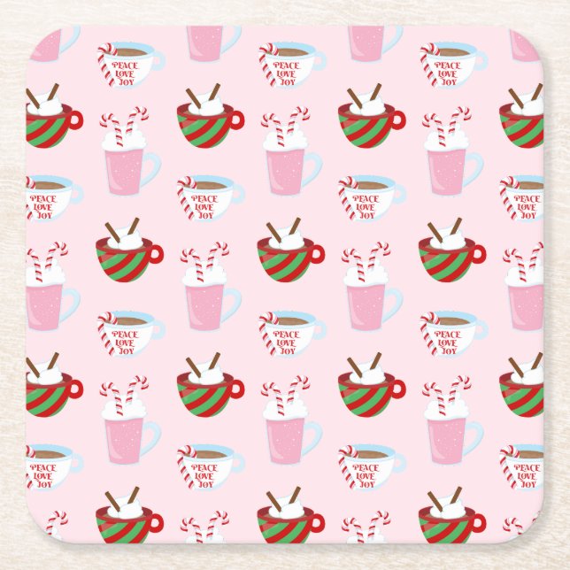 Christmas Hot Cocoa Pattern Square Paper Coaster (Front)