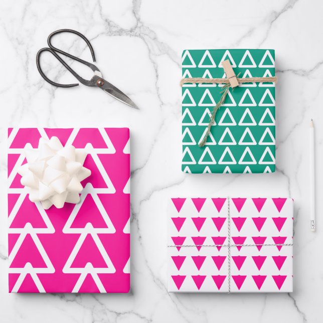 Christmas Hot Pink and Green Triangle Pattern Wrapping Paper Sheet (Front)