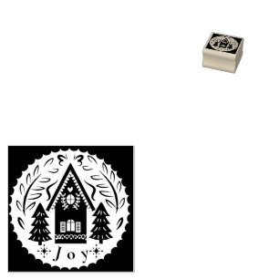 Christmas House and Trees  Rubber Stamp