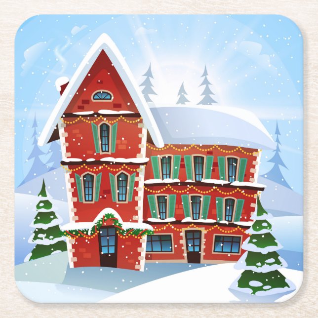 Christmas House Celebration Square Paper Coaster (Front)