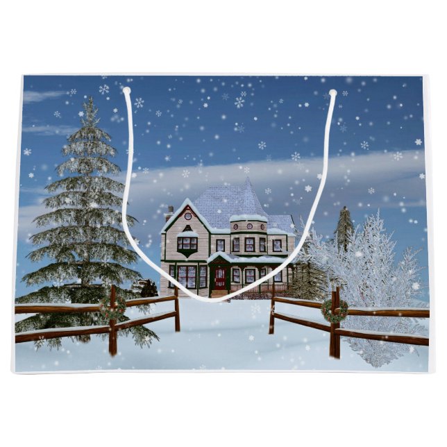 Christmas, House in Snowy Winter Scene Large Gift Bag (Front)