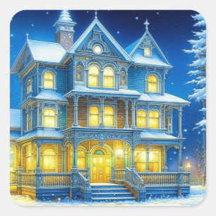 Christmas House on a Snowy Night Holiday Square Sticker