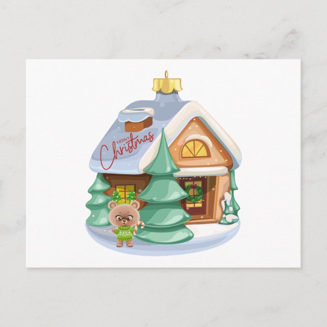 Christmas House Ornament and Cute Teddy Bear  Holiday Postcard (Front)