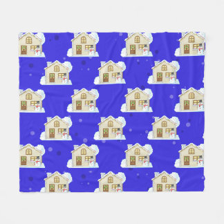 Christmas House Pattern - Blue Background Fleece Blanket