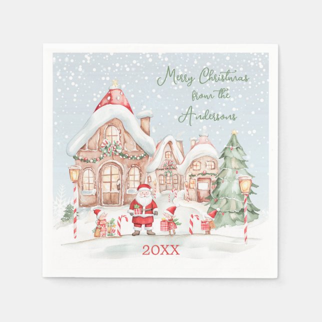 Christmas House Santa Tree Holidays Party Napkin (Front)