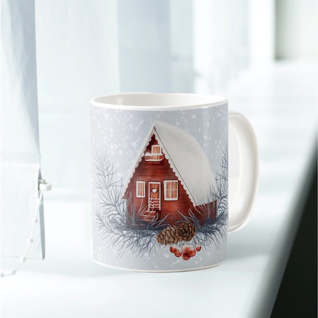 Christmas House Snow Pine Berries Watercolor  Coffee Mug (Creator Uploaded)