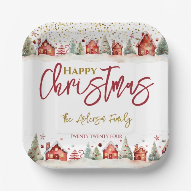 Christmas House Street Scene Paper Plate (Front)