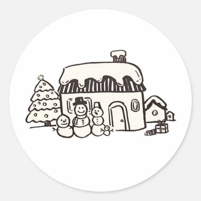 Christmas house with snowman classic round sticker (Front)