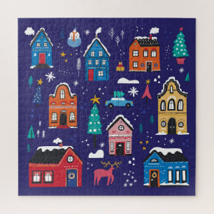 Christmas Houses: Flat Vintage Illustration. Jigsaw Puzzle
