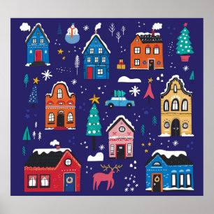 Christmas Houses: Flat Vintage Illustration. Poster
