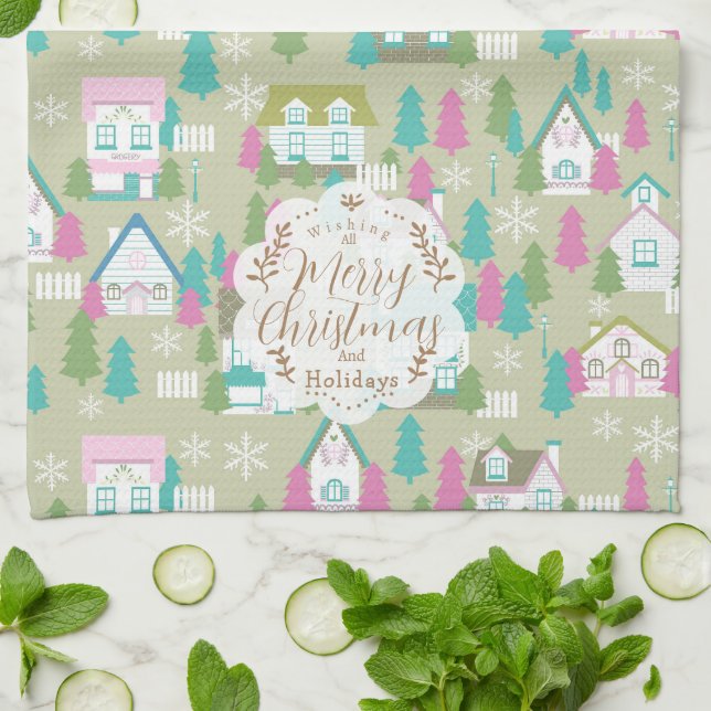 Christmas Houses Green Tea Towel (Folded)