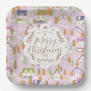 Christmas Houses Pink Paper Plate