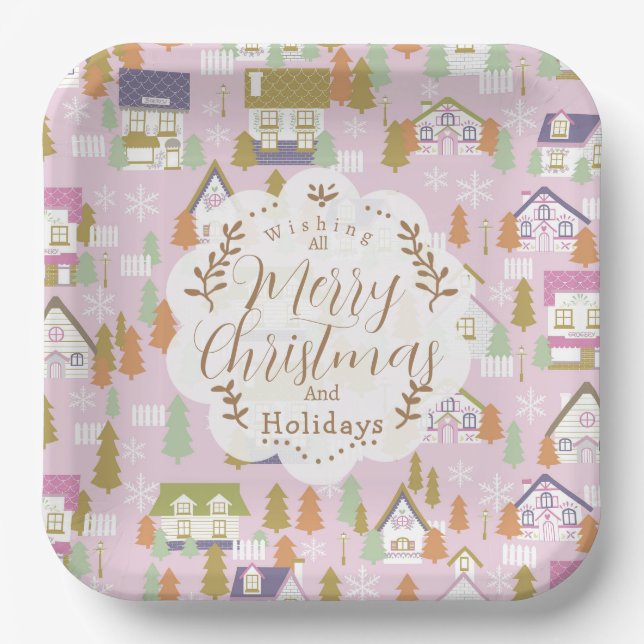 Christmas Houses Pink Paper Plate (Front)