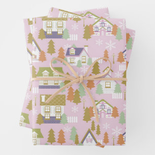 Christmas Houses Pink Wrapping Paper Sheet