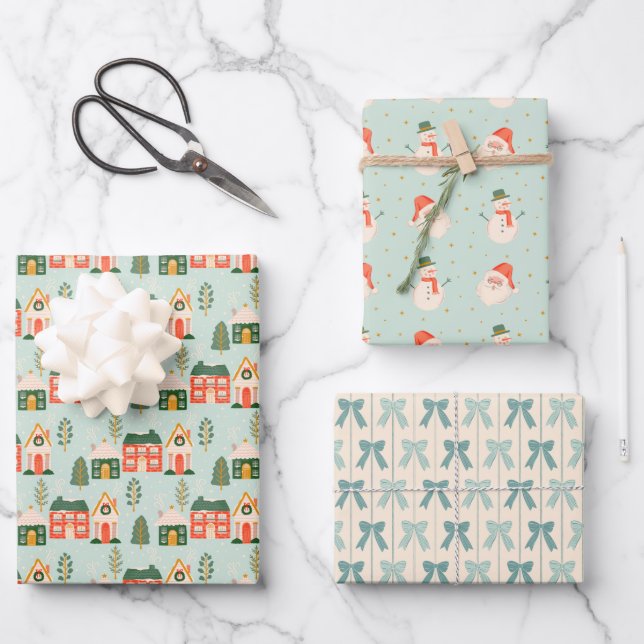 Christmas Houses, Santa Claus, Frosty, and Bows Wrapping Paper Sheet (Front)
