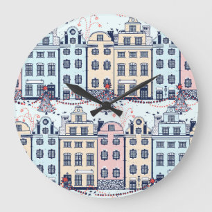 Christmas houses, vintage festive pattern. large clock