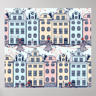 Christmas houses, vintage festive pattern. poster