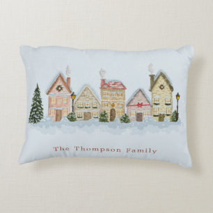 Christmas Houses Winter Street Scene Festive Blue Decorative Cushion