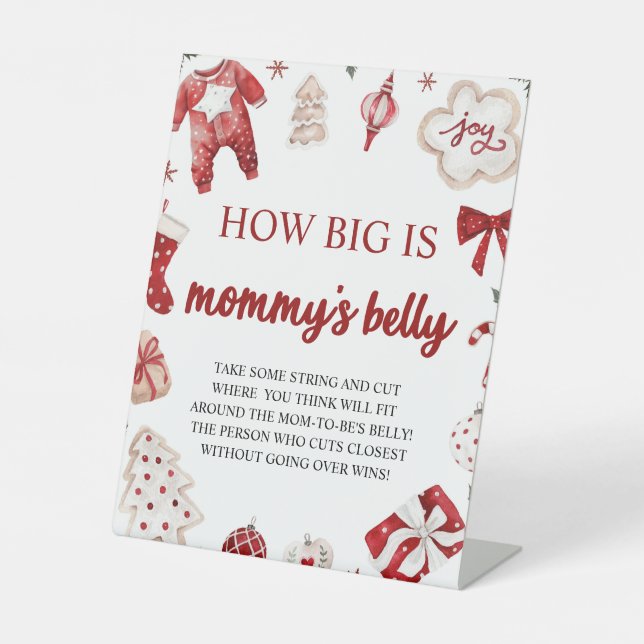 Christmas How Big is Her Belly Baby Shower Game Pedestal Sign (Front)