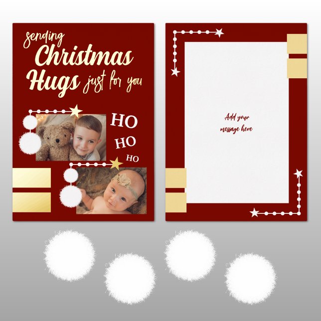 Christmas hugs add photos burgundy and white foil holiday card (Creator Uploaded)