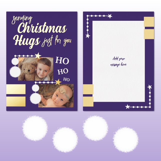 Christmas hugs add photos purple and white foil holiday card (Creator Uploaded)