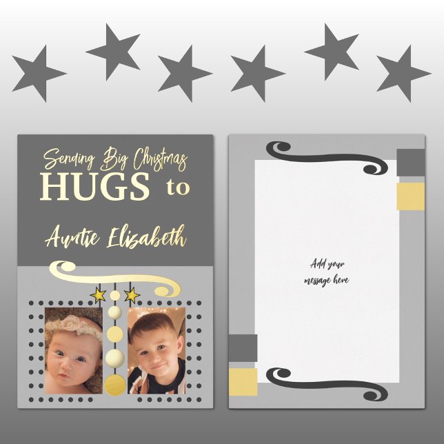 Christmas hugs auntie add photos gold grey foil holiday card (Creator Uploaded)