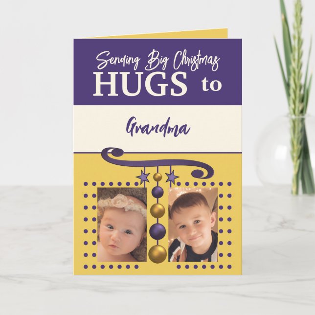 Christmas hugs for Grandma gold and purple Holiday Card (Front)
